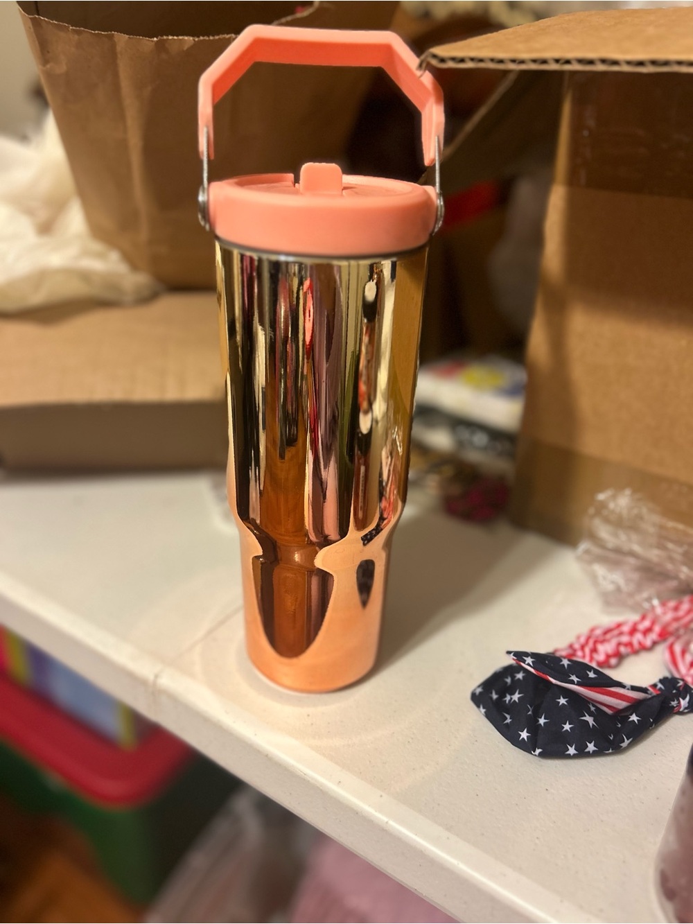 Insulated Rose Gold Party Tumbler with Peach Handle